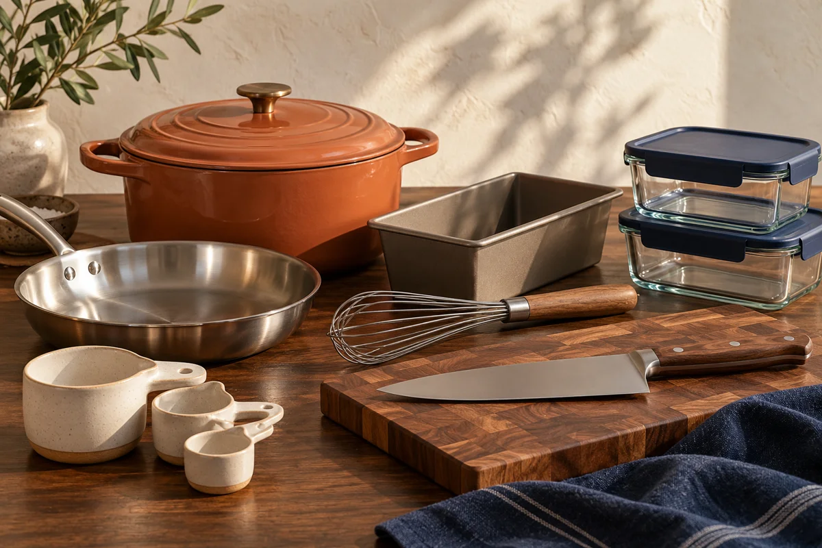 AI-created still life of cookware, bakeware and kitchen prep tools